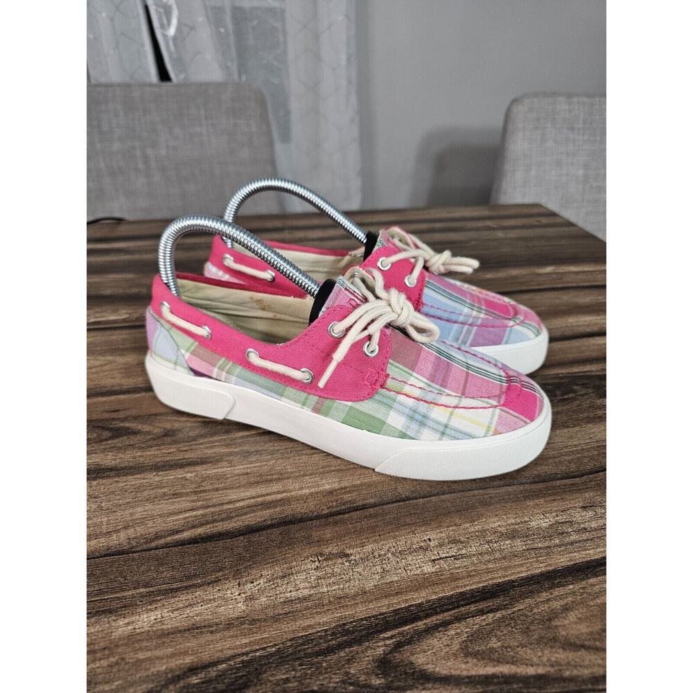 Lauren by Ralph Lauren Breeana Pink Plaid Print Canvas Boat Shoes Size Womens 7B - Picture 5 of 14